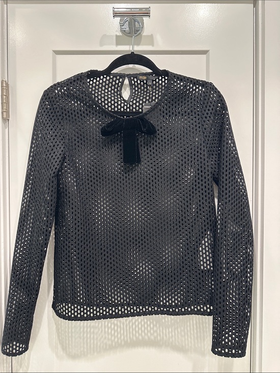 Maeve Tops - Maje Black Open-Knit Sheer Top with Velvet Bow